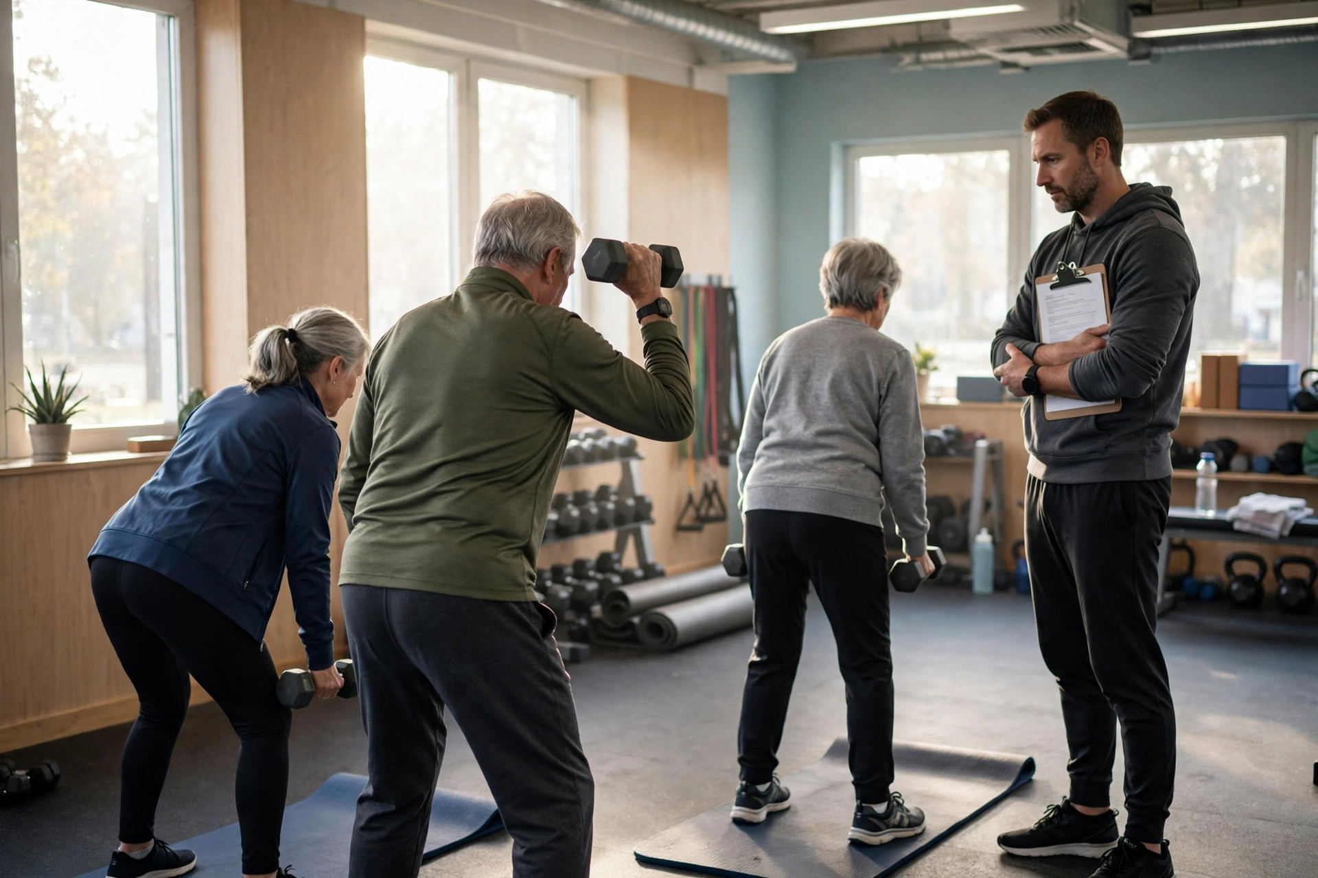 Older adults lifting dumbbells under supervision in a bright community gym, a trainer with a clipboard watching nearby (illustrative image)