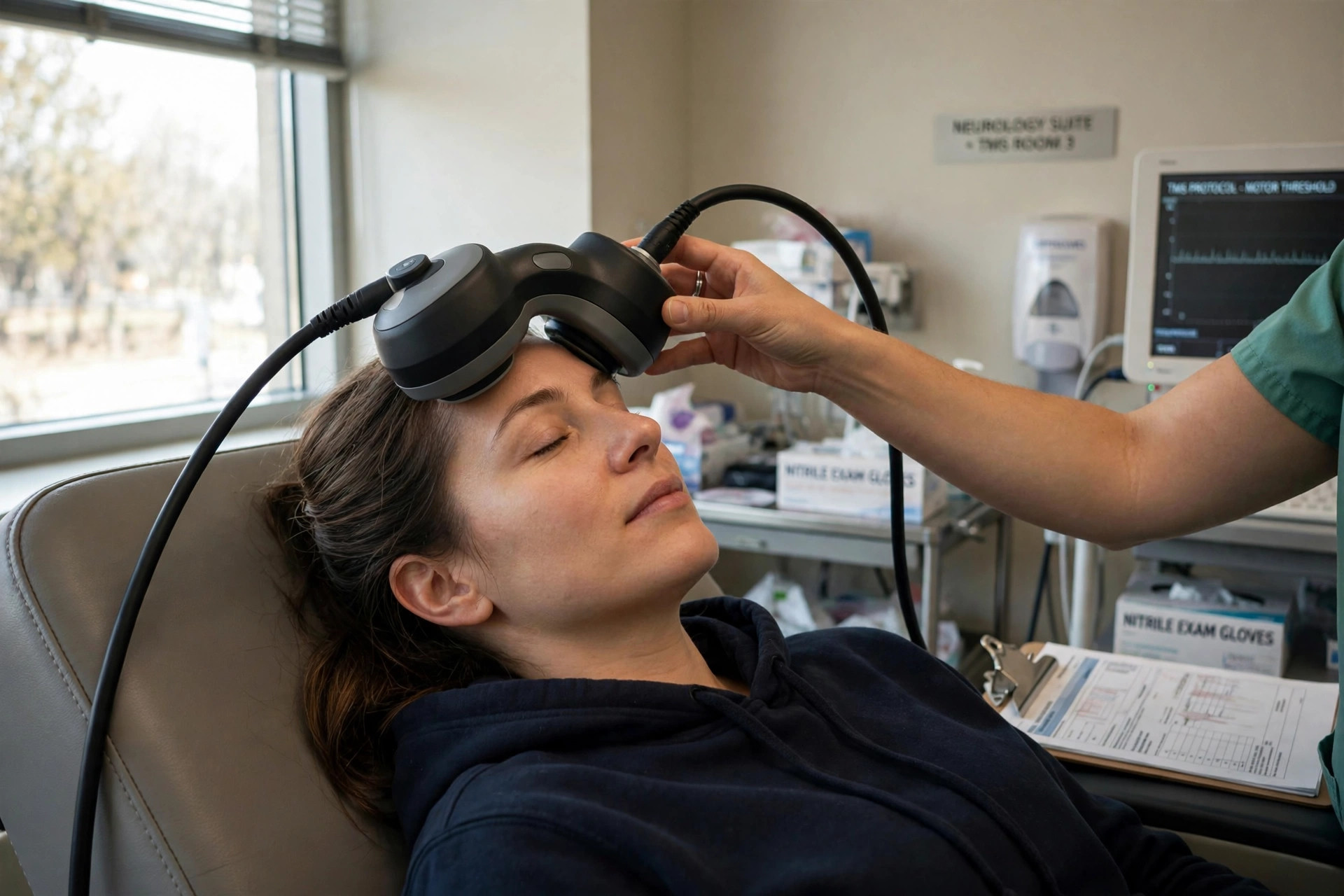 A patient receiving transcranial magnetic stimulation in a neurology suite (illustrative image)