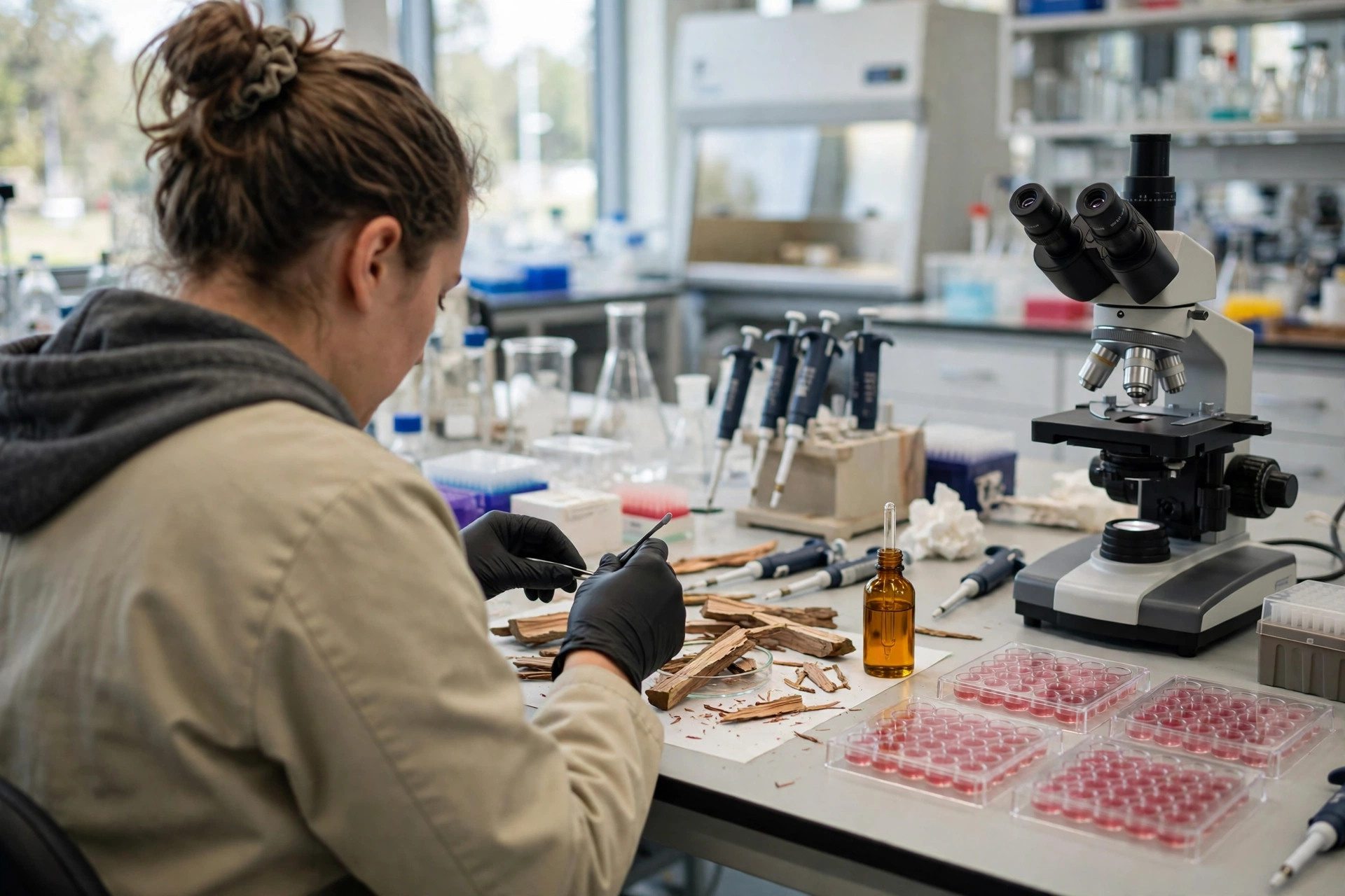A pharmacology researcher in a bright laboratory examining sandalwood pieces and a small amber oil vial on a bench beside cancer cell culture plates and a microscope (illustrative image)