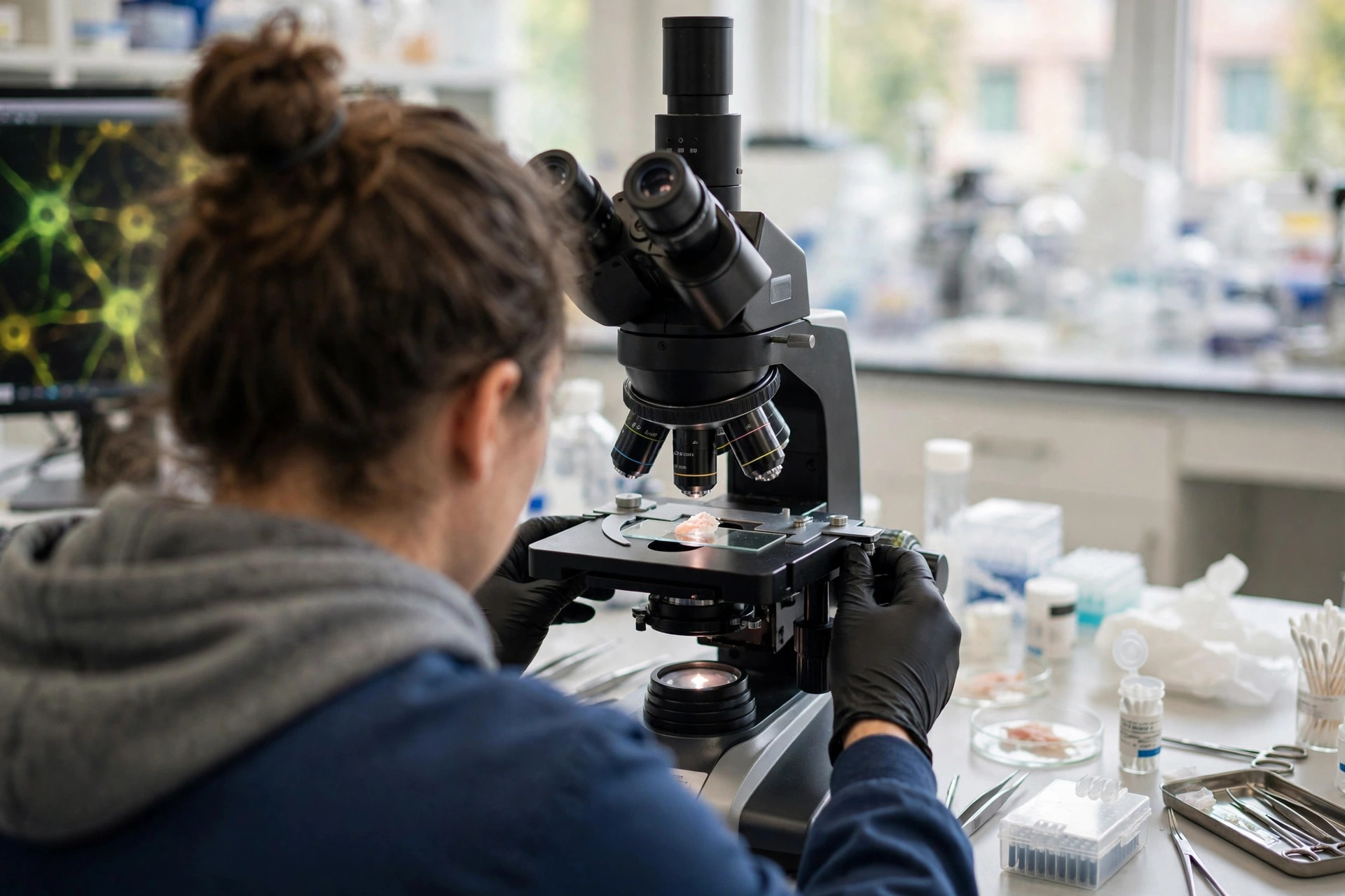 A researcher adjusting a high-resolution microscope over a muscle-and-nerve tissue sample in a bright university laboratory (illustrative image)