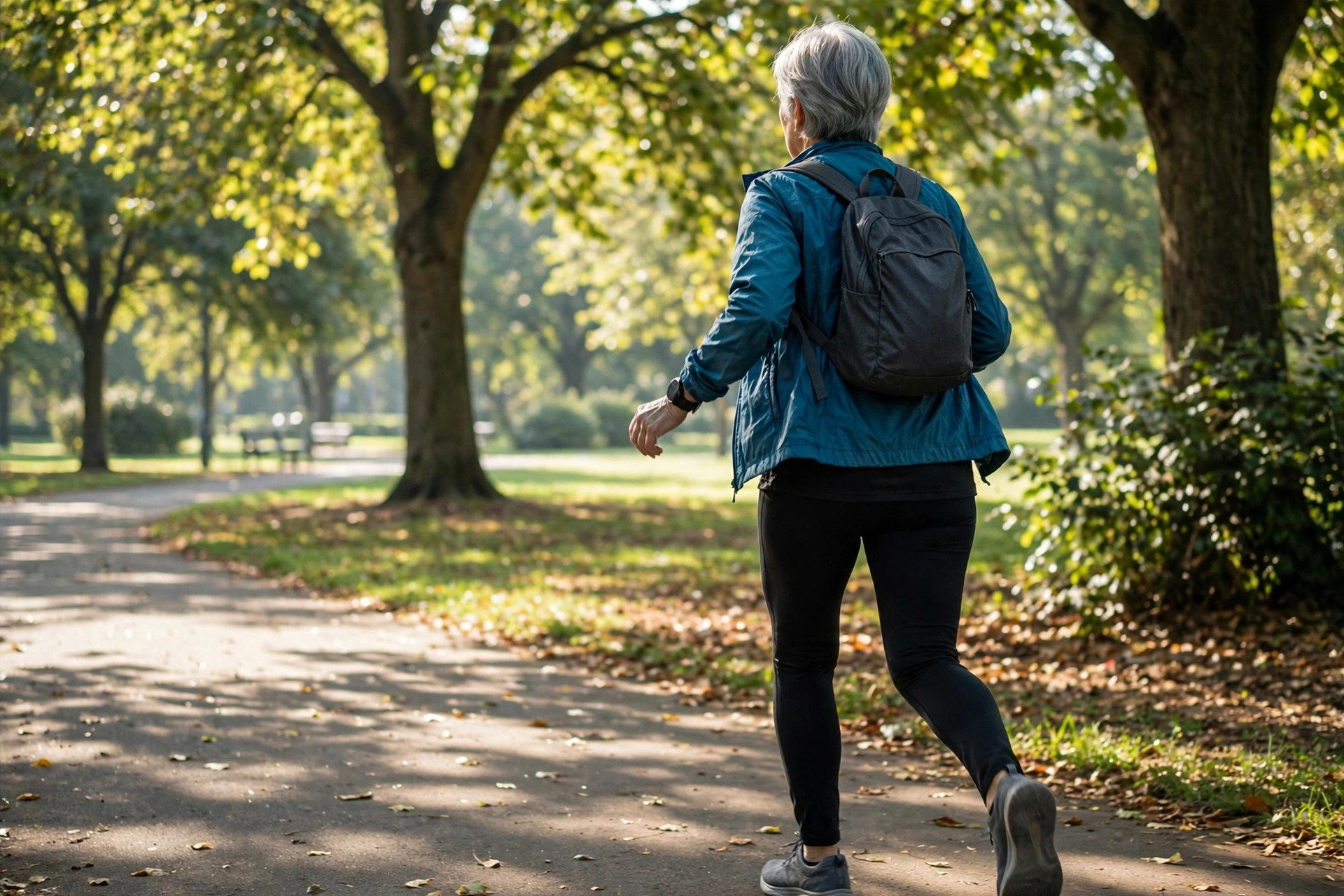 A healthy older woman walking briskly on a sunny park path in the morning (illustrative image; not a patient or study participant)