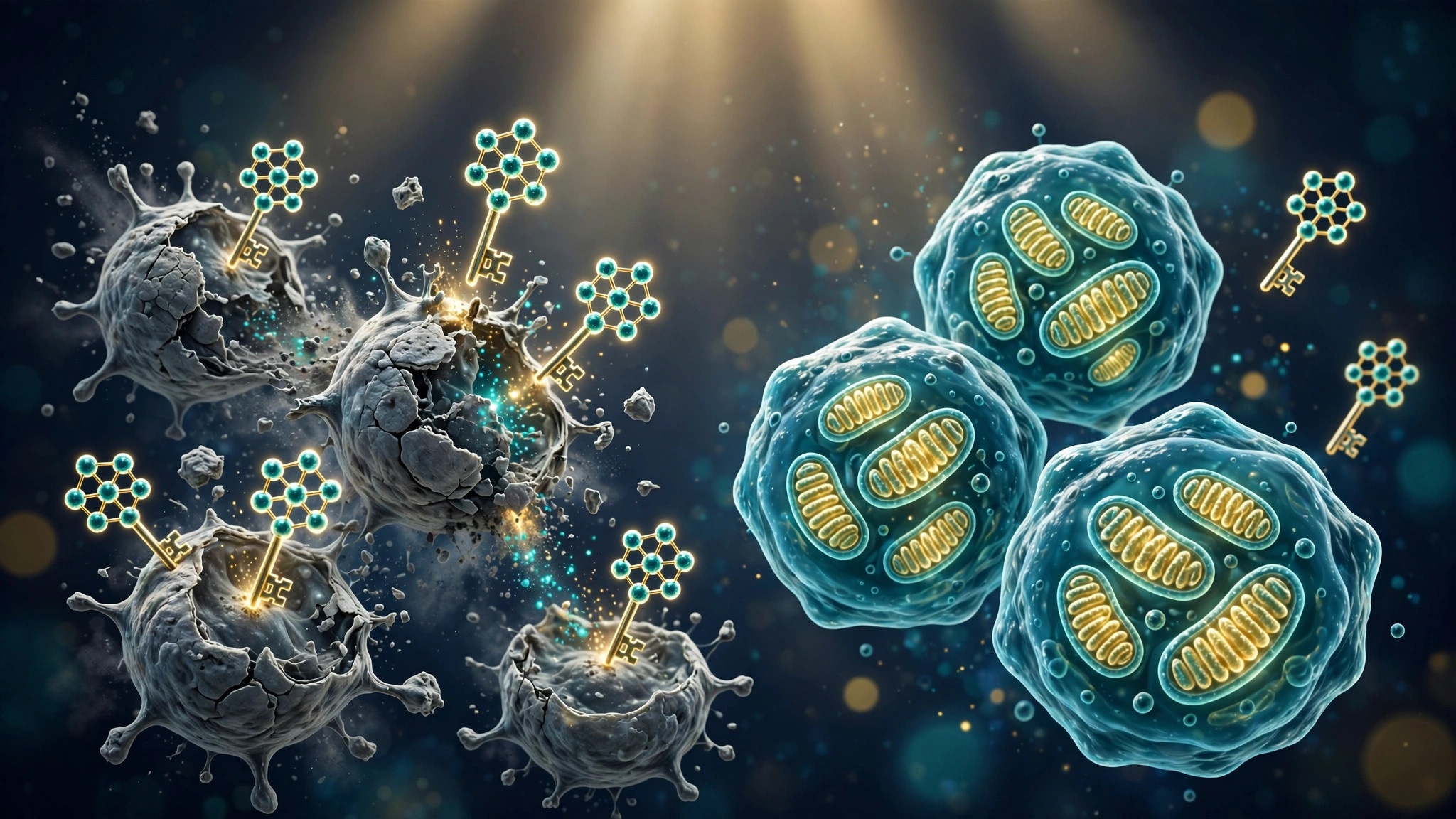 Editorial illustration of targeted peptides dissolving aged cells while healthy mitochondria-rich cells remain