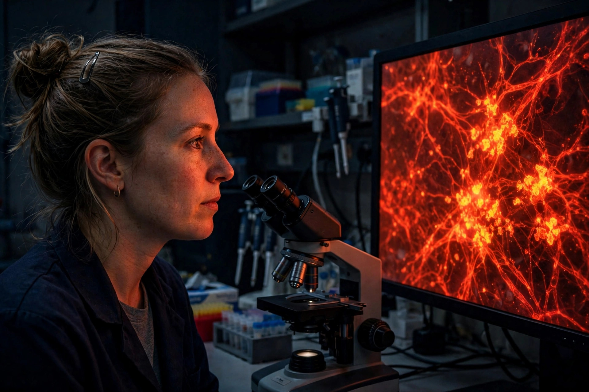 A cell biologist in a dark microscopy laboratory looking at a monitor showing glowing mitochondrial networks with bright protein aggregate clusters inside cells, a confocal microscope beside her (illustrative image)