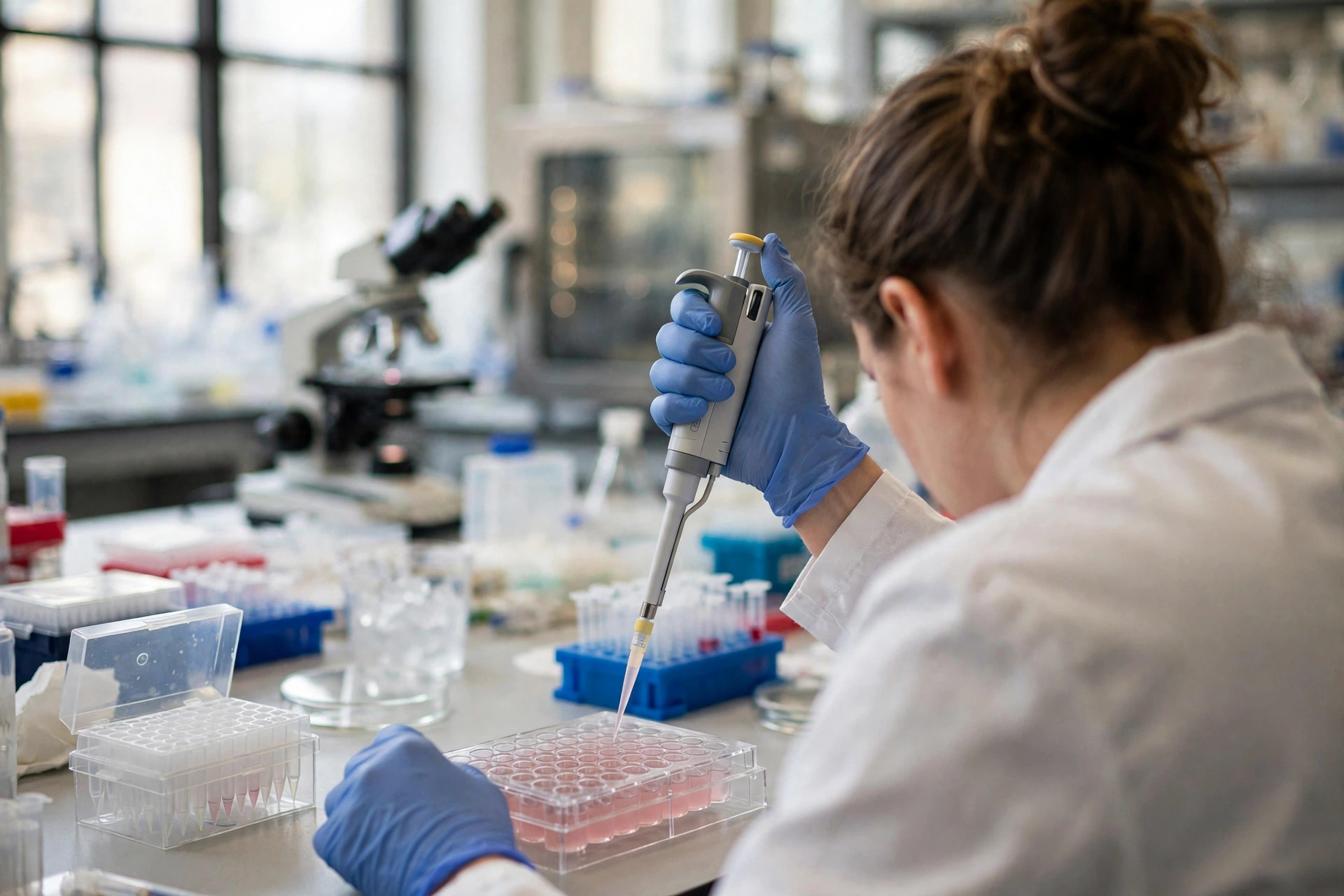 A neuroscience researcher in a bright laboratory pipetting into a multiwell plate of human cells, microscope and incubator softly out of focus behind (illustrative image)