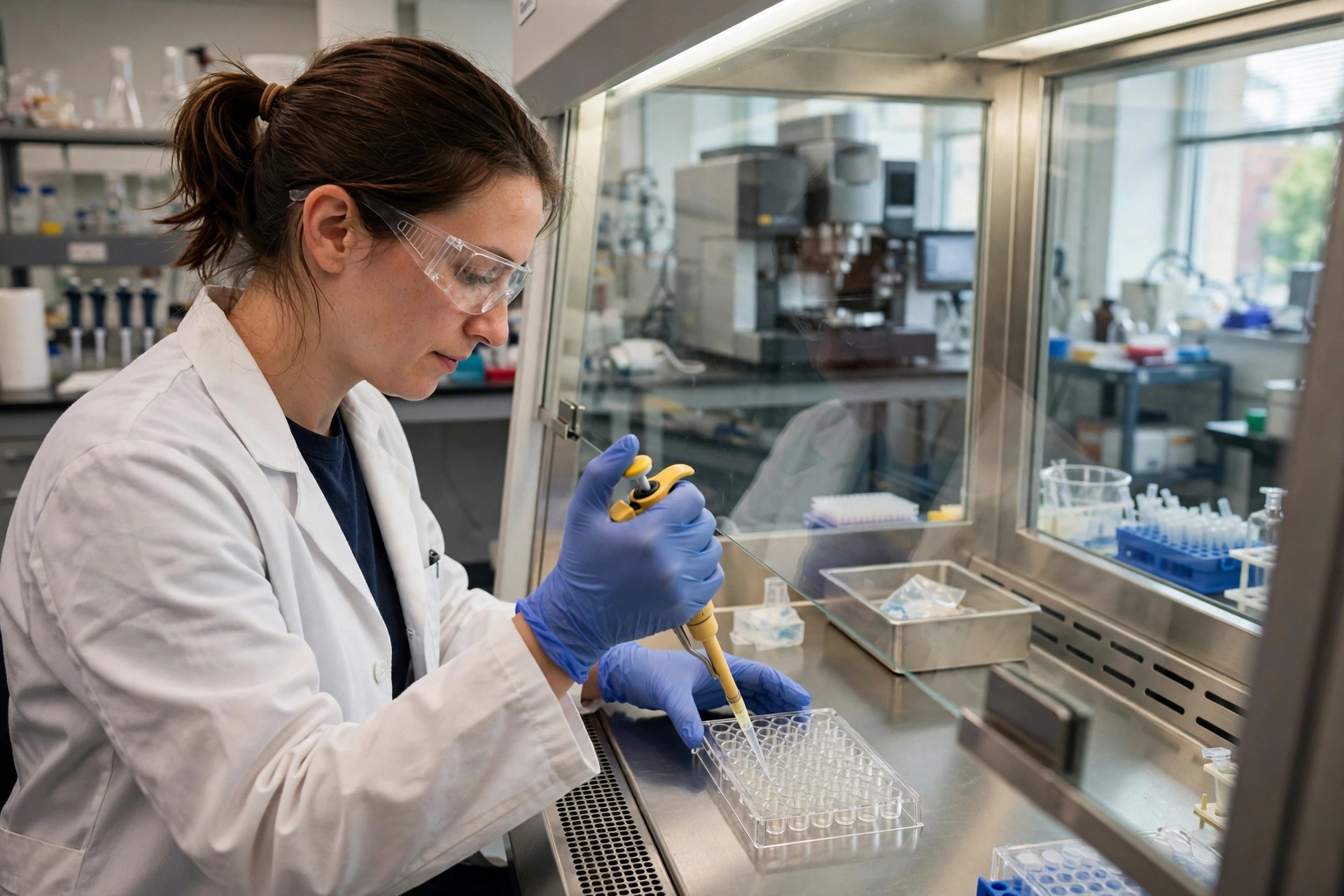 A laboratory researcher pipetting into a multiwell cell-culture plate inside a bright biosafety cabinet (illustrative image)