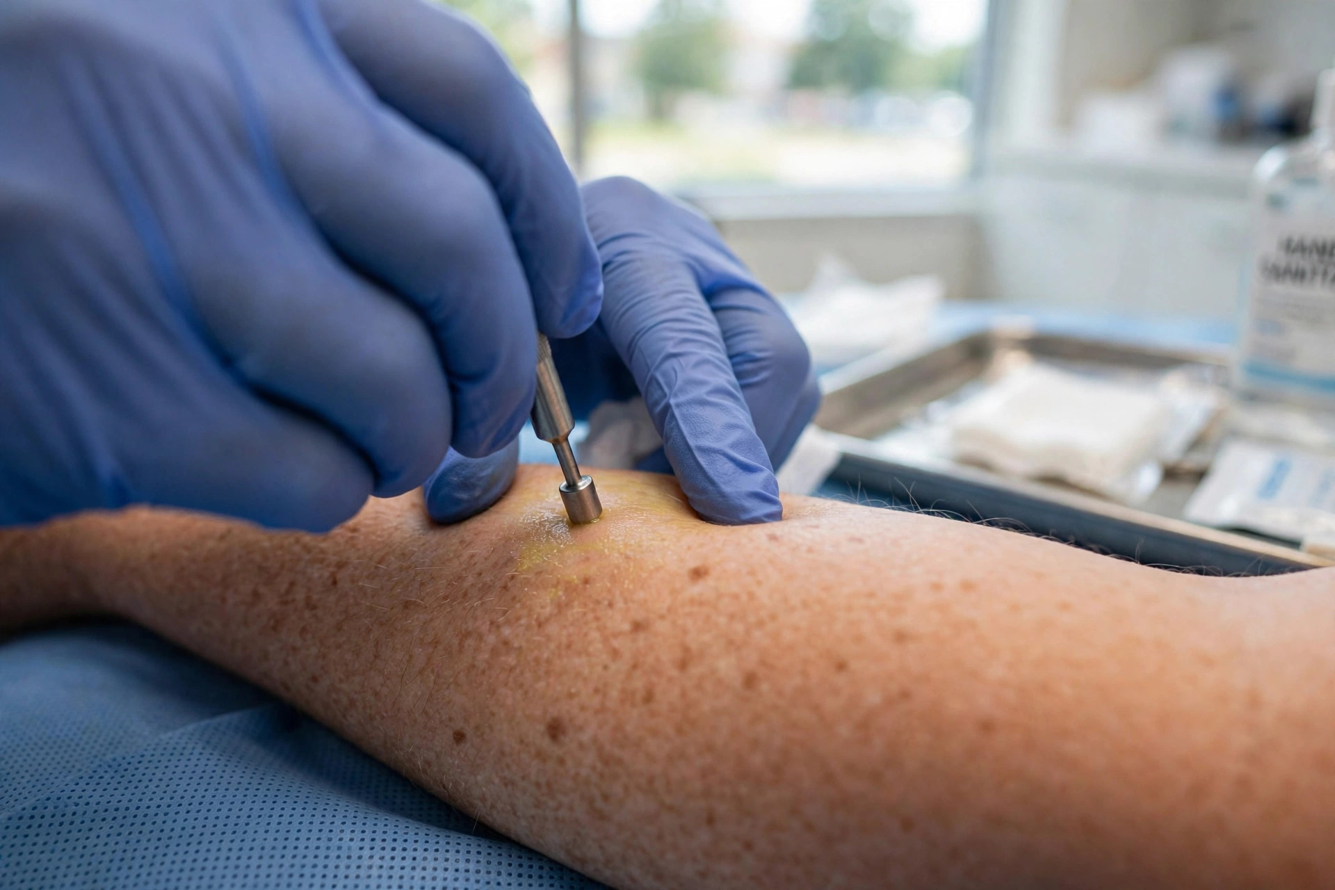 A clinician's gloved hands taking a small skin biopsy on a patient's forearm (illustrative image)