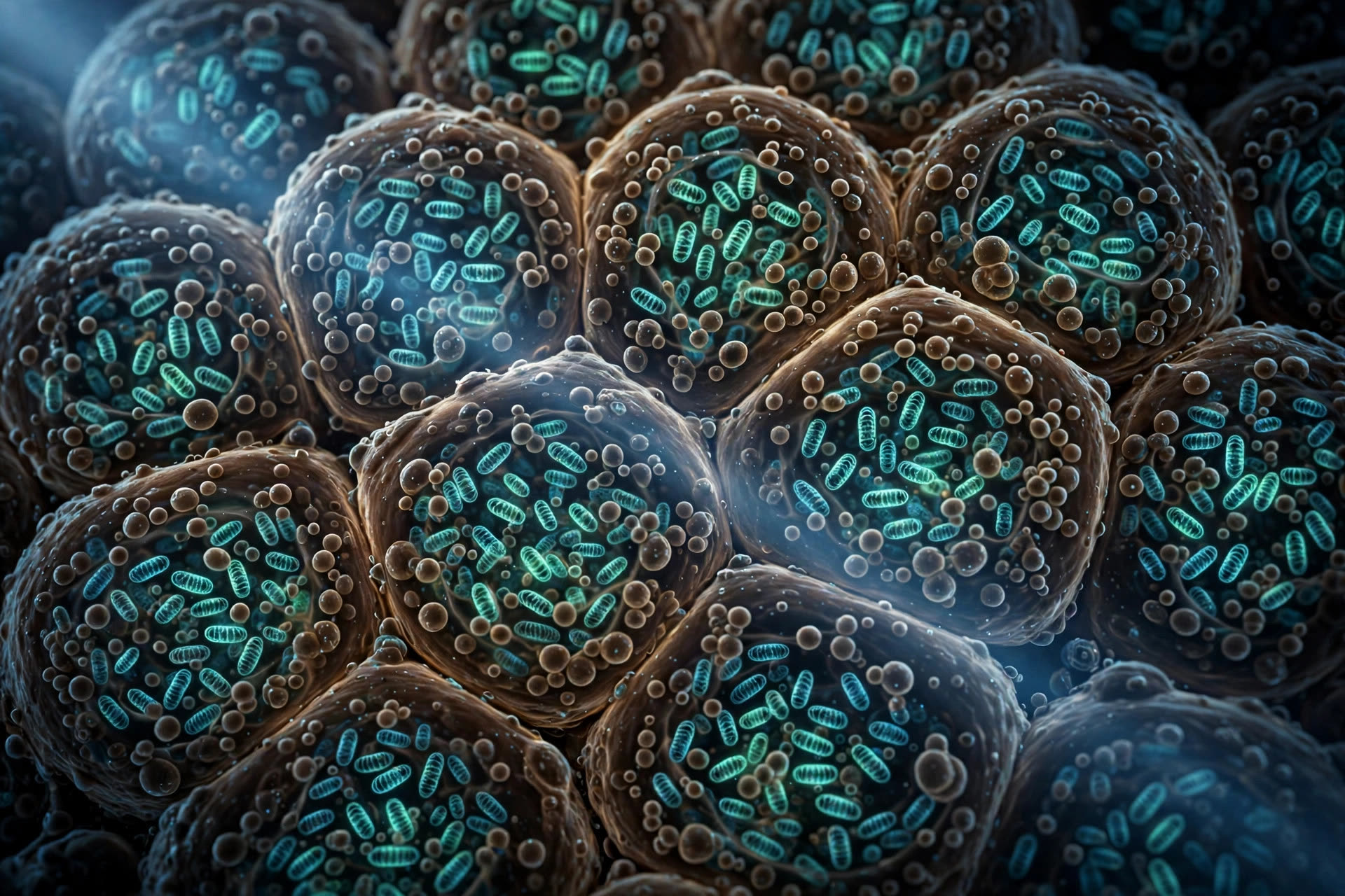 Brown fat cells packed with glowing mitochondria in a microscopy-style visualization (illustrative image)
