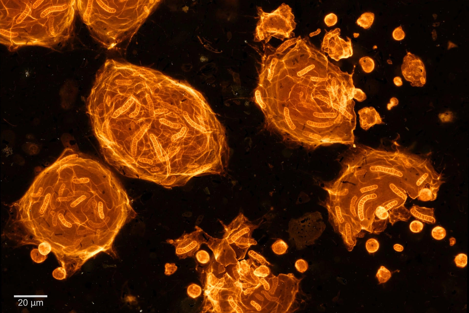 Fluorescence microscopy visualization of tumor cells with glowing mitochondrial networks, some fragmenting in apoptosis (illustrative image)