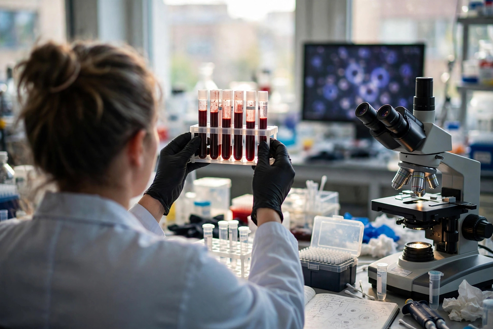 A hematology researcher's gloved hands holding a rack of blood sample tubes up to the light beside a fluorescence microscope in a bright laboratory (illustrative image)