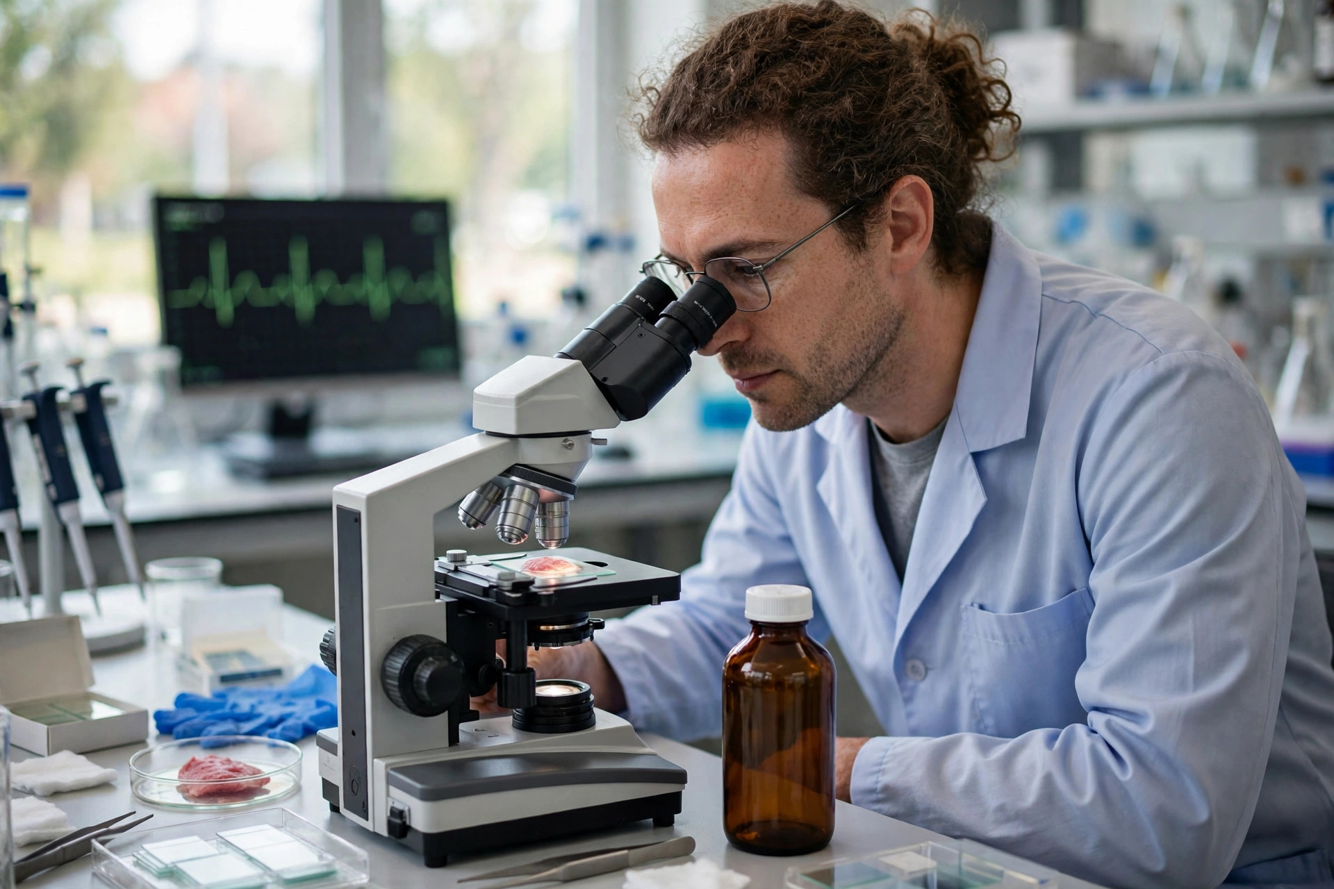 A cardiology researcher in a bright laboratory examining heart muscle tissue samples under a microscope, an ECG trace on a monitor softly out of focus behind (illustrative image)
