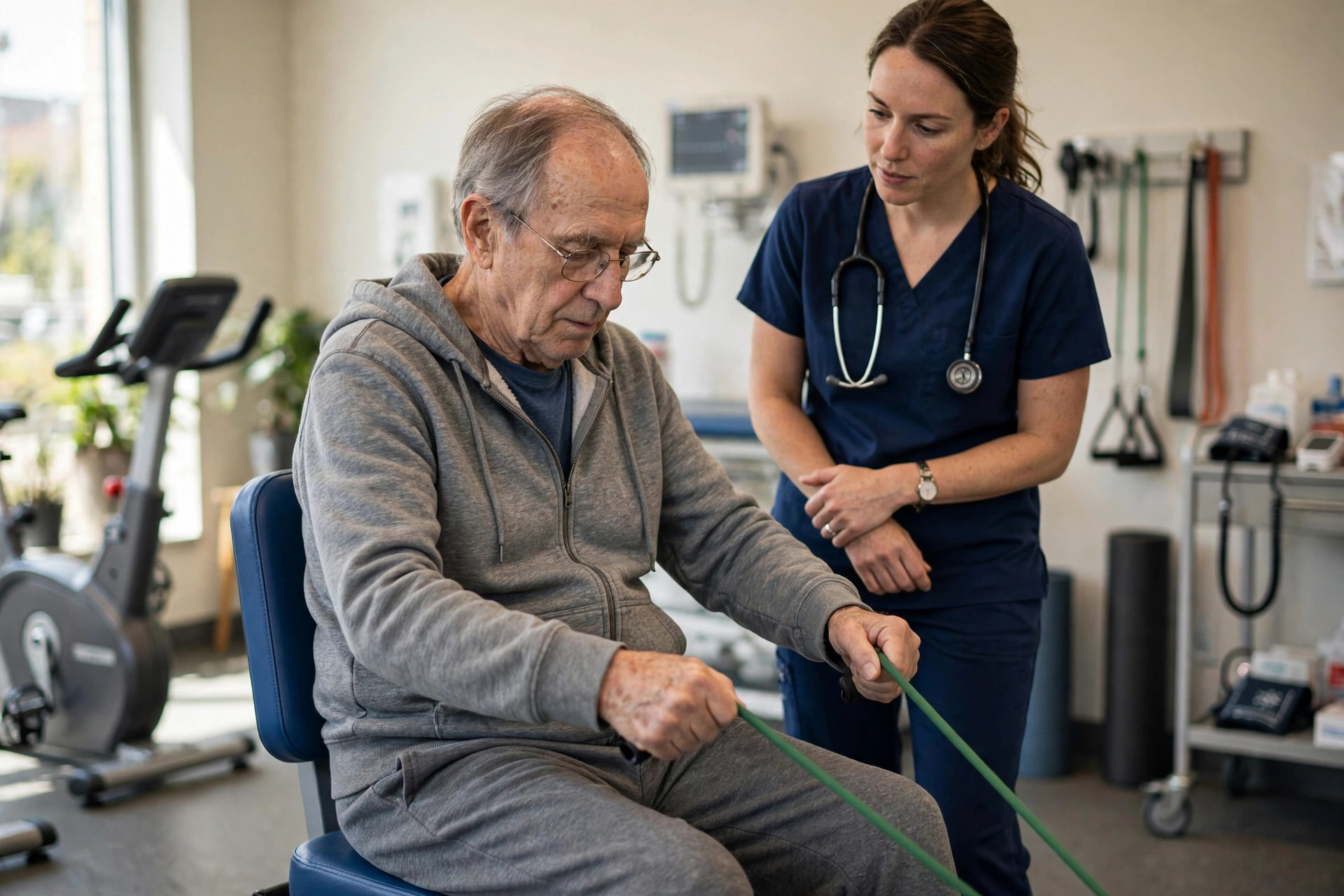 An older adult doing seated resistance-band exercise in a bright cardiac rehabilitation gym while a clinician observes (illustrative image)