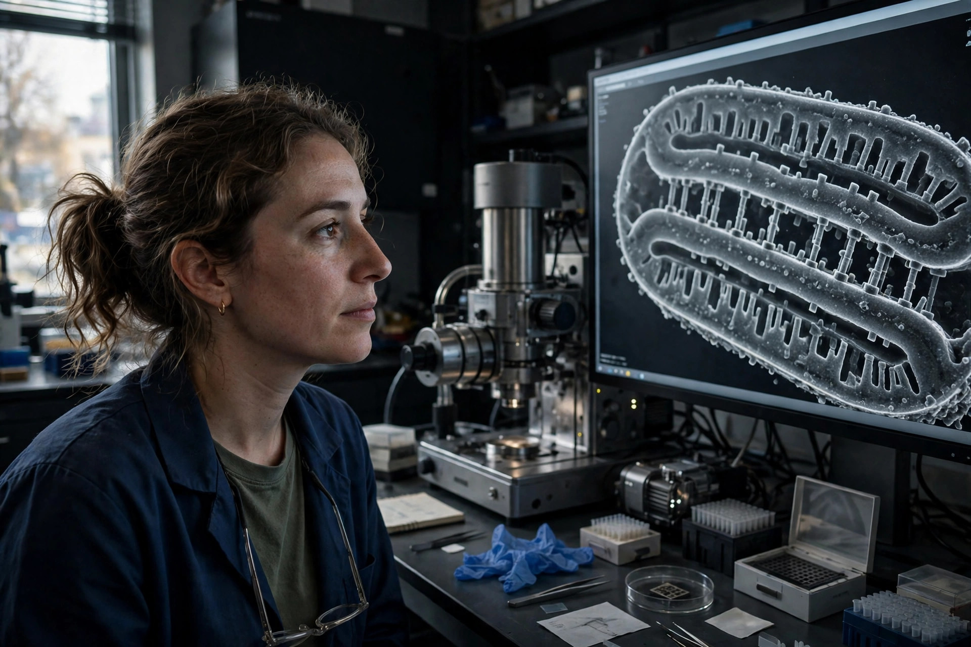 A cell biologist in a dark microscopy laboratory examining a mitochondrion cross-section on a large monitor showing two membranes held apart by tiny pillar-like structures, electron tomography equipment beside her (illustrative image)