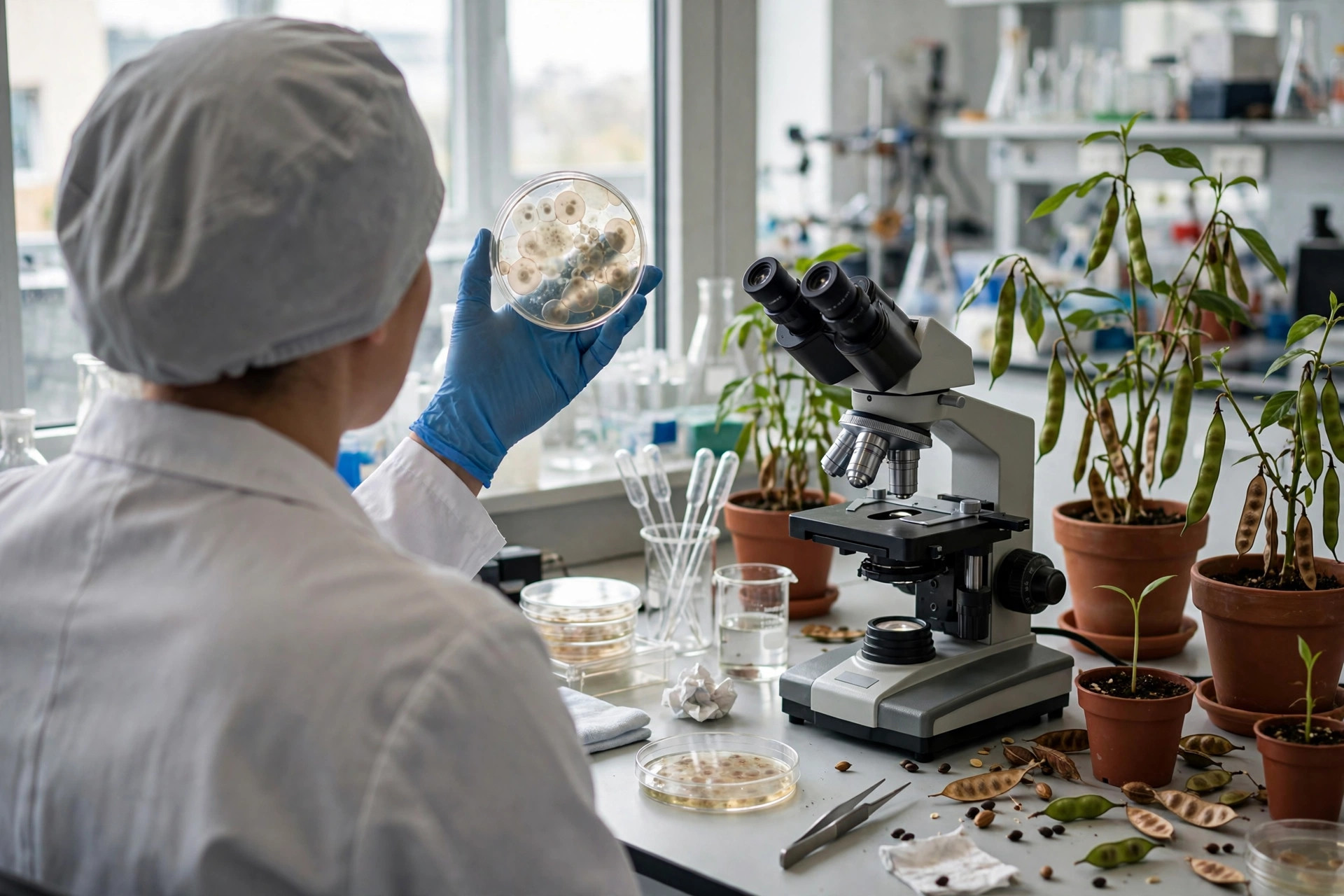 A researcher in a bright laboratory holding a petri dish of cultured cells up to the light beside a microscope, seed pods on a side bench (illustrative image)