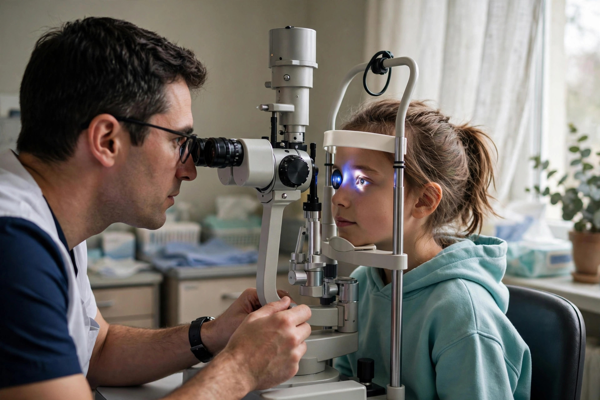 An ophthalmologist examining a young patient's eyes with a slit lamp in a softly lit eye clinic exam room (illustrative image)