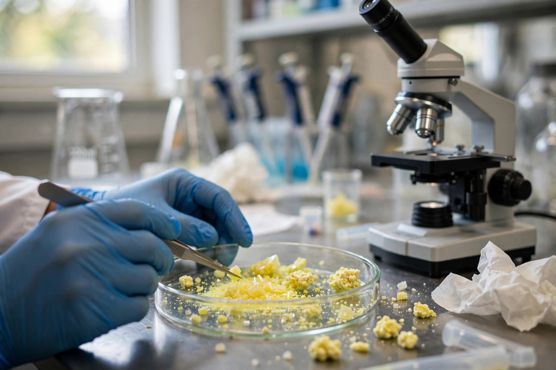 Yellow sulfur crystals in a laboratory dish beside a microscope in a bright research laboratory, with a scientist's gloved hands nearby (illustrative image)