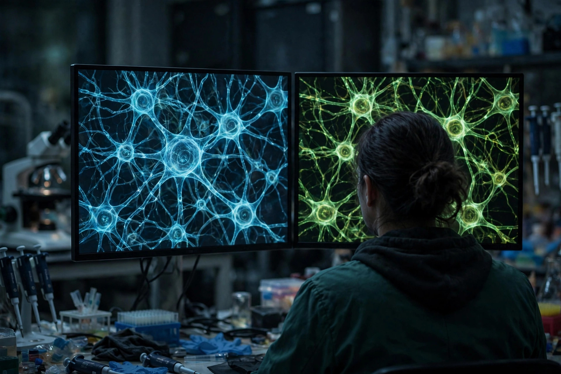 A neuroscience researcher in a dim imaging laboratory looking at brain metabolism scans on monitors, research equipment softly out of focus (illustrative image)