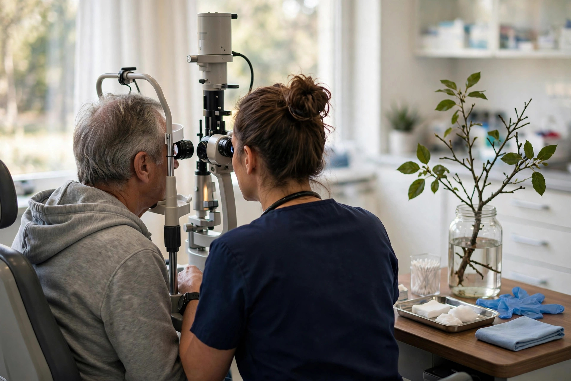 An ophthalmologist examining an older adult patient's eyes with a slit lamp in a bright eye clinic, a small tree branch specimen in a glass jar on a side bench (illustrative image)