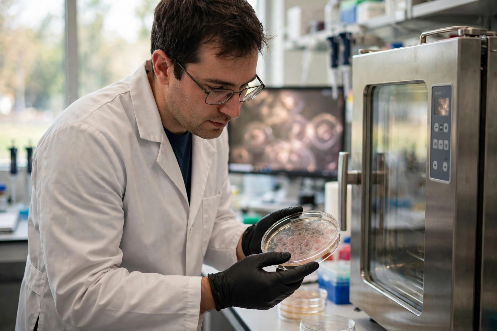 A stem cell researcher in a bright regenerative medicine laboratory examining heart muscle cells in a culture dish beside an incubator, a monitor showing beating cardiomyocytes softly out of focus (illustrative image)
