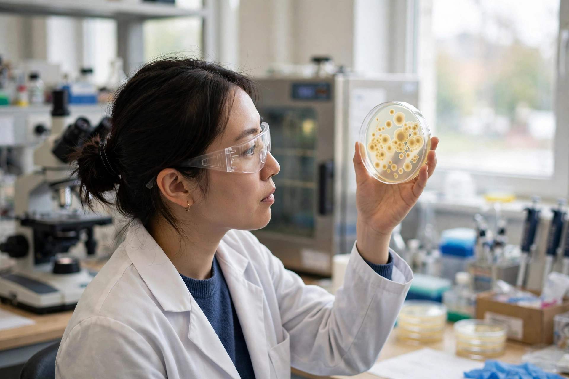 A researcher in a bright yeast genetics laboratory holding a petri dish of yeast colonies up to window light, a microscope and incubator softly out of focus behind (illustrative image)