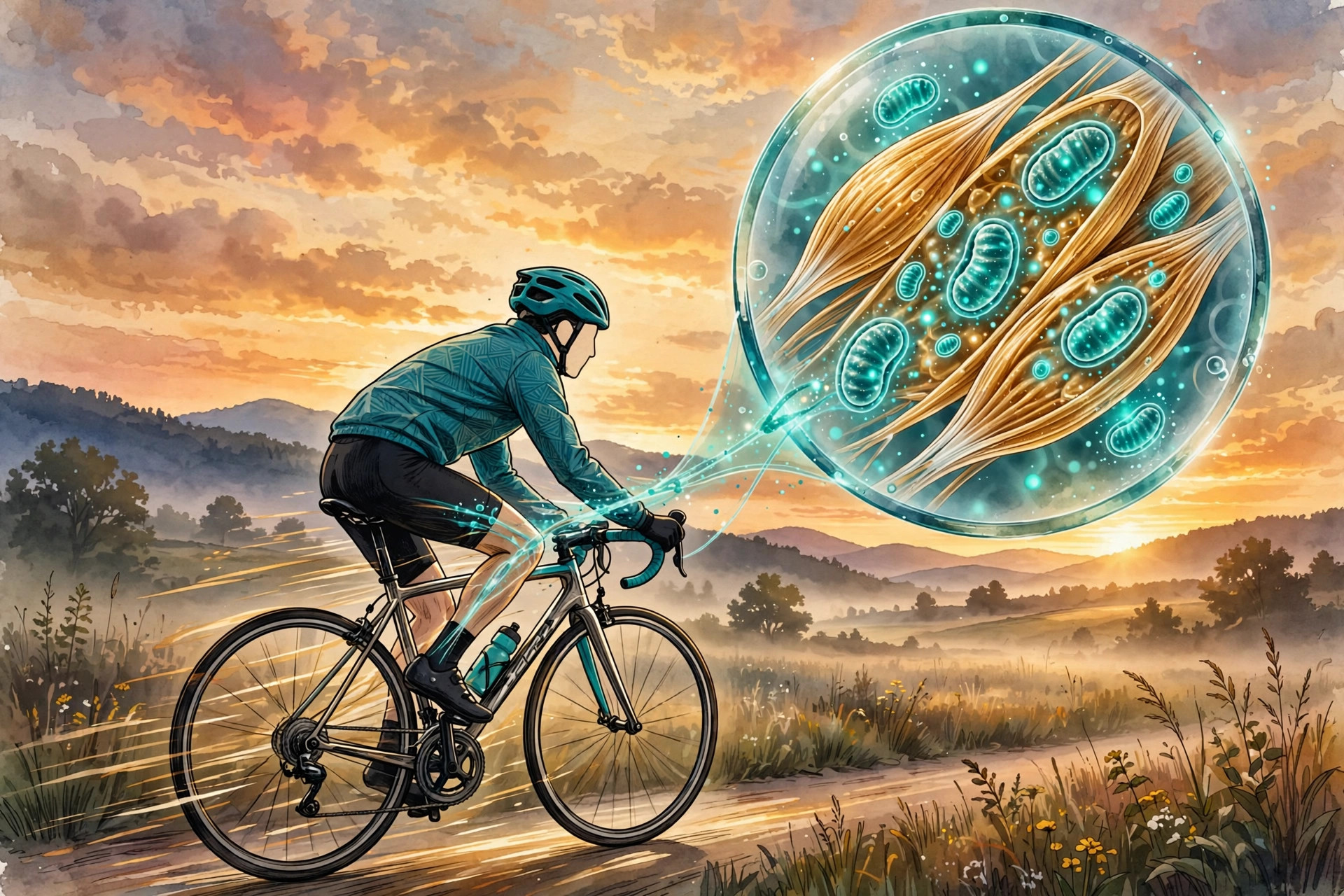 Custom illustration of a cyclist at dawn with a magnified inset of glowing mitochondria multiplying inside muscle fibers