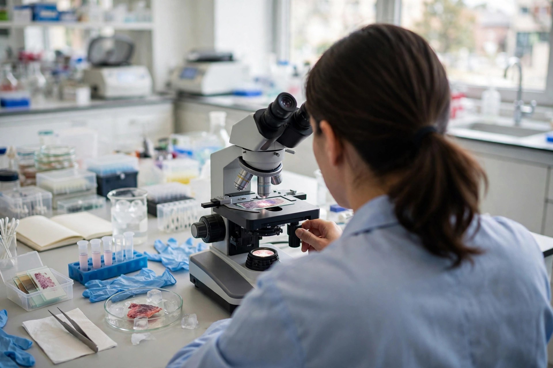 Over-the-shoulder view of a researcher examining heart tissue samples under a microscope in a bright cardiology research lab (illustrative image)
