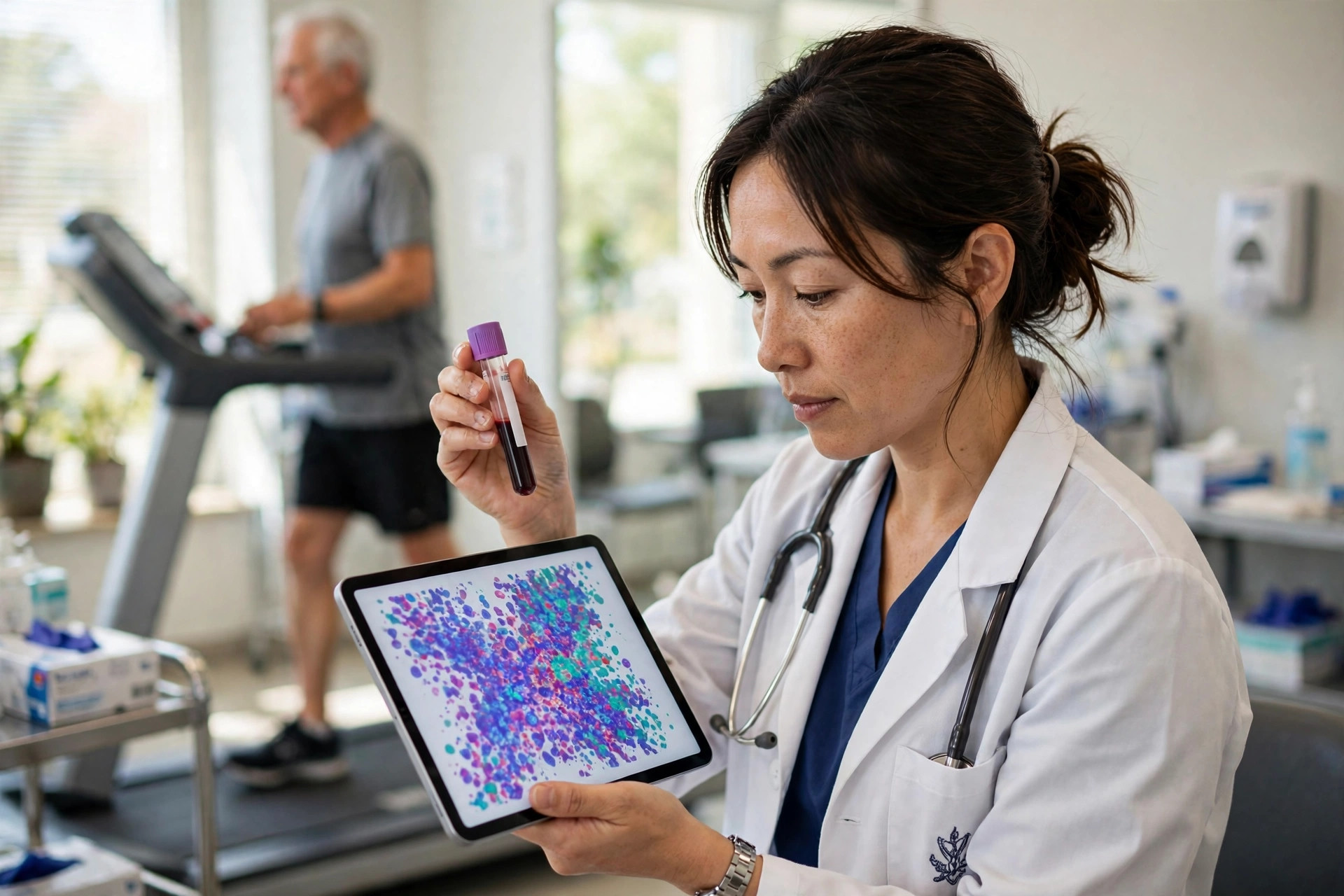 A physician researcher in a bright clinic holding a blood sample vial beside a tablet showing abstract DNA methylation patterns, a healthy older adult on a treadmill softly out of focus behind (illustrative image)
