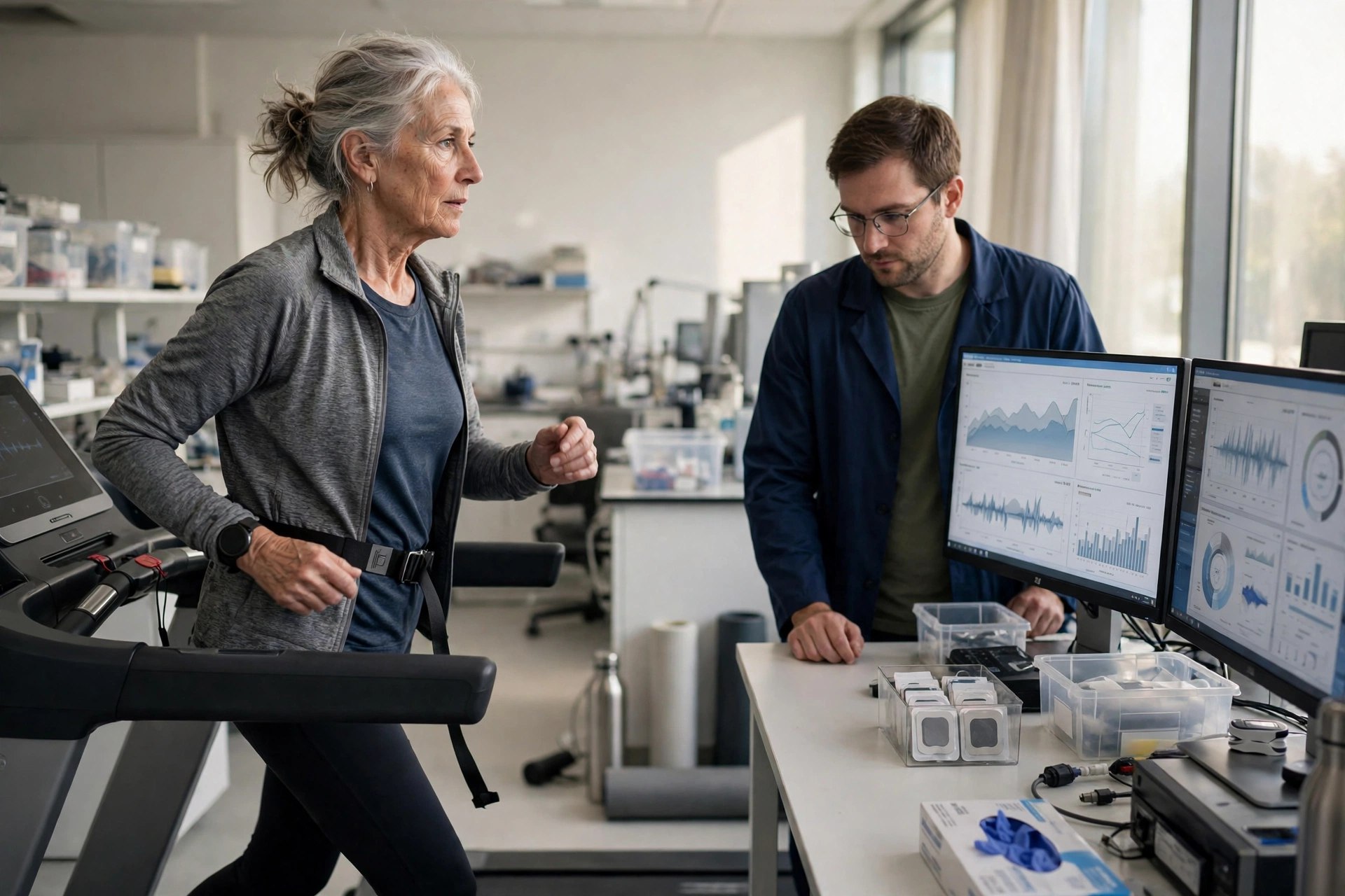 An older adult walking briskly on a treadmill in a bright research exercise laboratory while a technician monitors screens nearby (illustrative image)