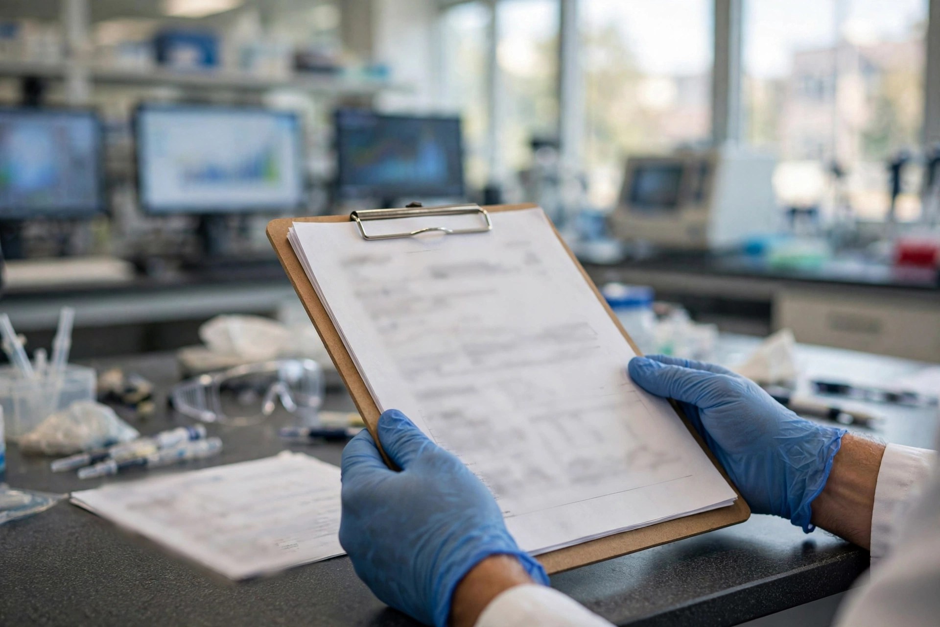 Photograph of a bright clinical research lab: a scientist's gloved hands holding a clipboard over trial documents, blurred data monitors behind; illustrative only.
