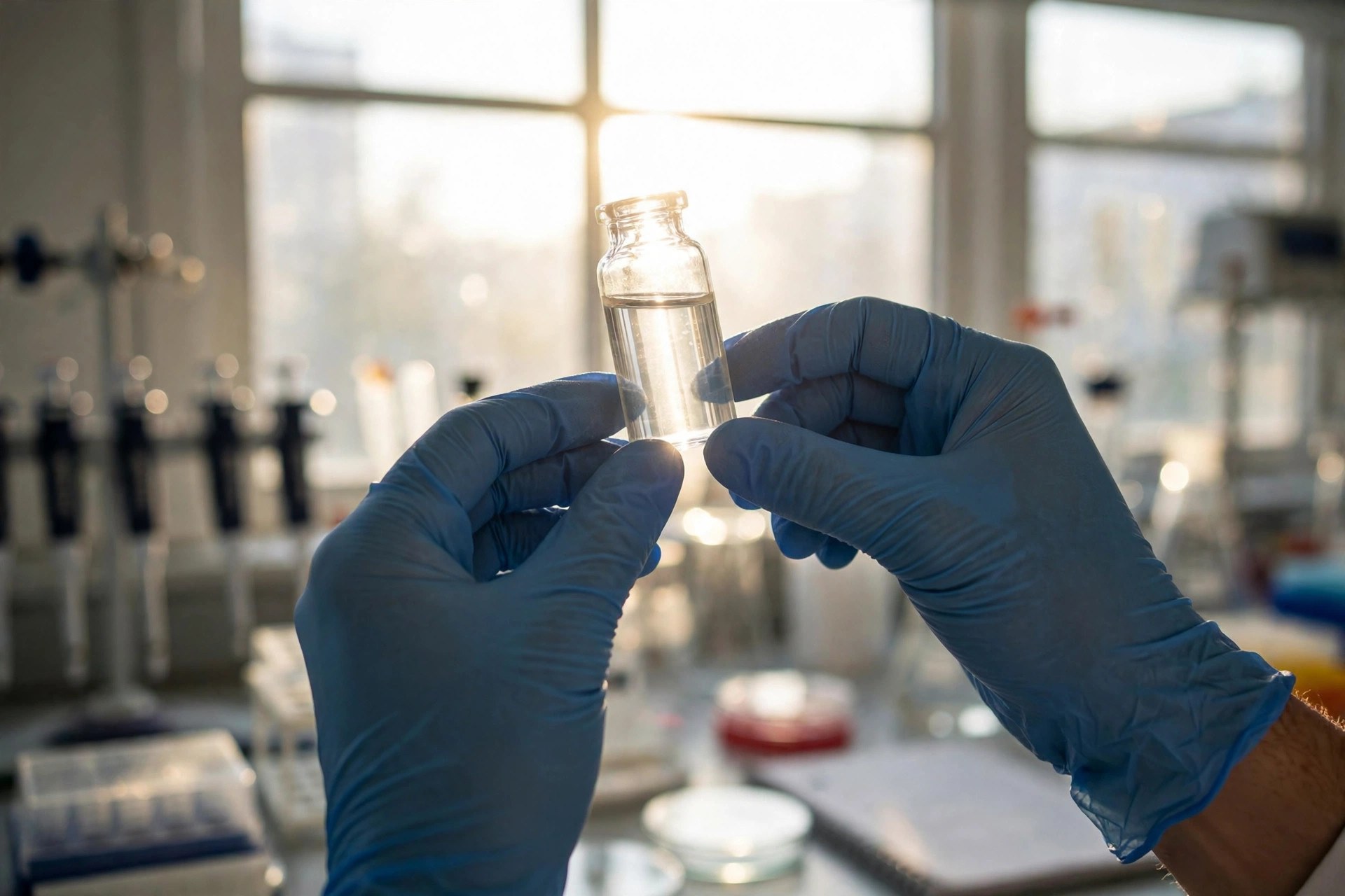 A researcher's gloved hands holding a small glass vial up to bright laboratory window light, with blurred lab benches behind (illustrative image)