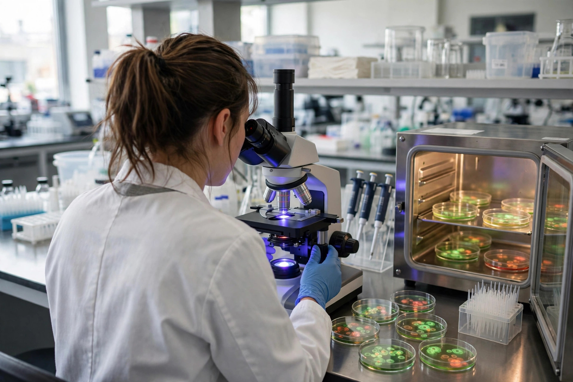 An immunology researcher in a bright laboratory examining immune cell cultures under a fluorescence microscope, colorful petri dishes in an incubator beside her (illustrative image)