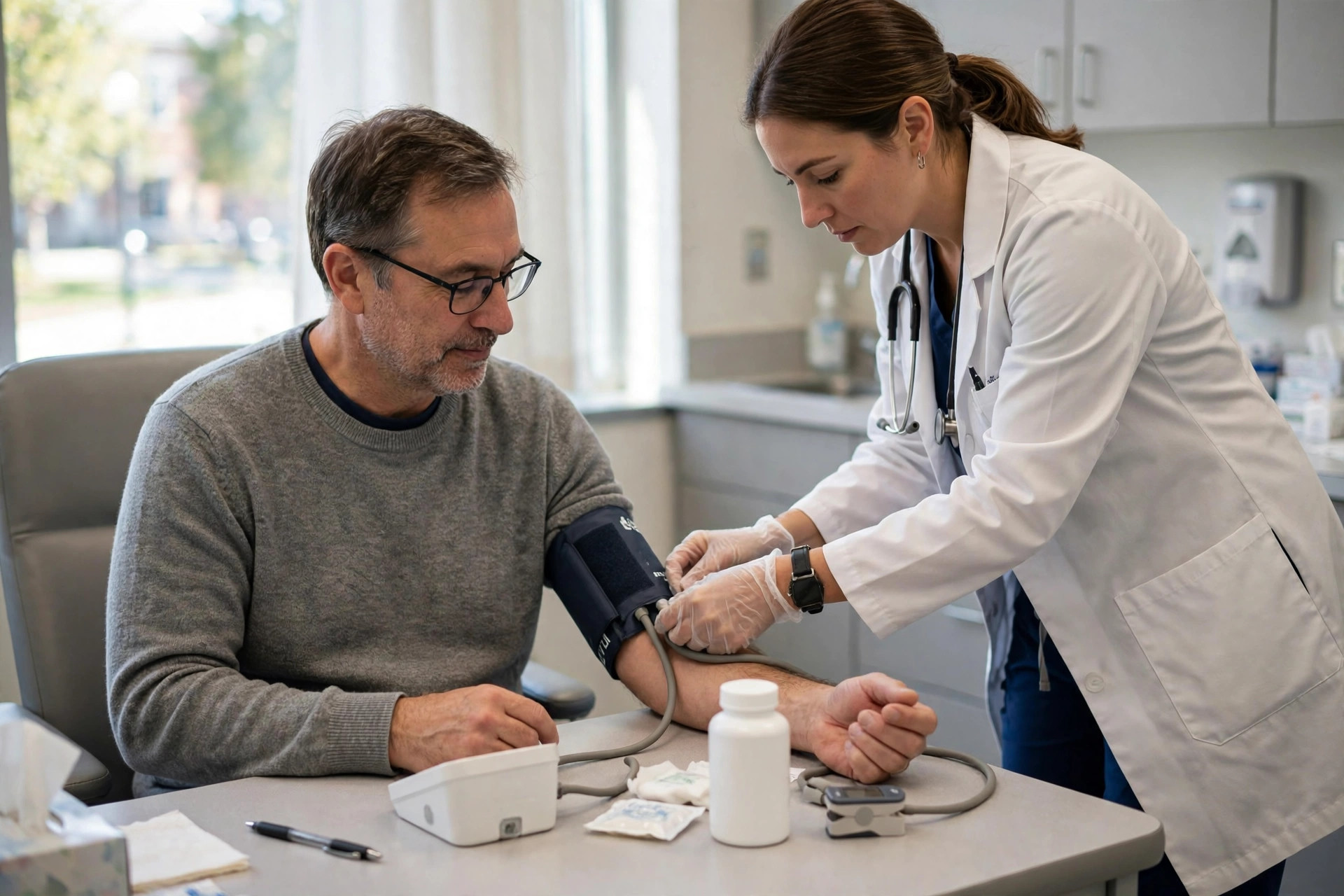 A clinician taking vascular measurements during a research visit with a middle-aged adult in a bright university clinic, a plain unlabeled bottle on the table (illustrative image)