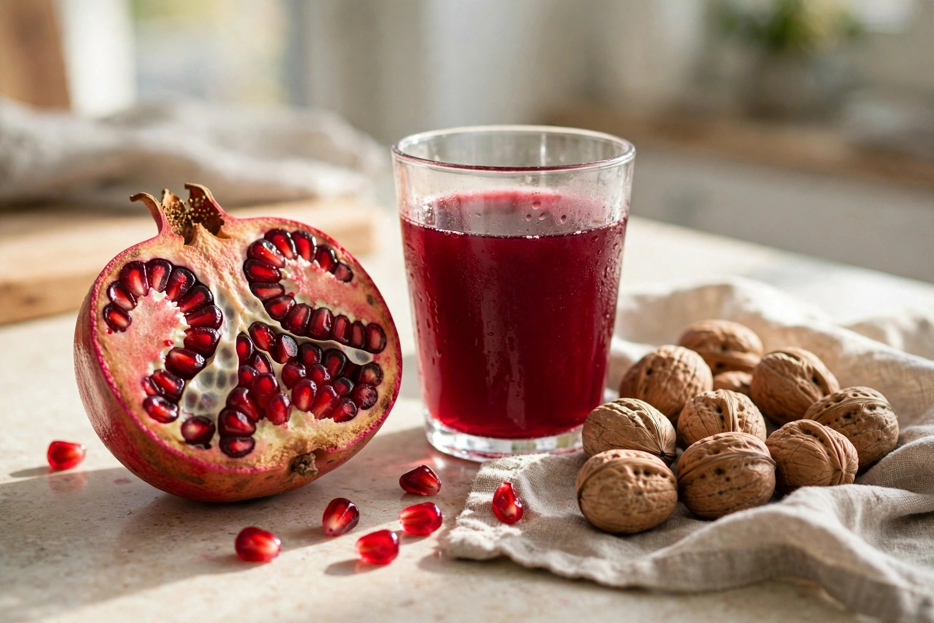 Photograph of a cut pomegranate, pomegranate juice, and walnuts on a sunny kitchen counter; illustrative only.
