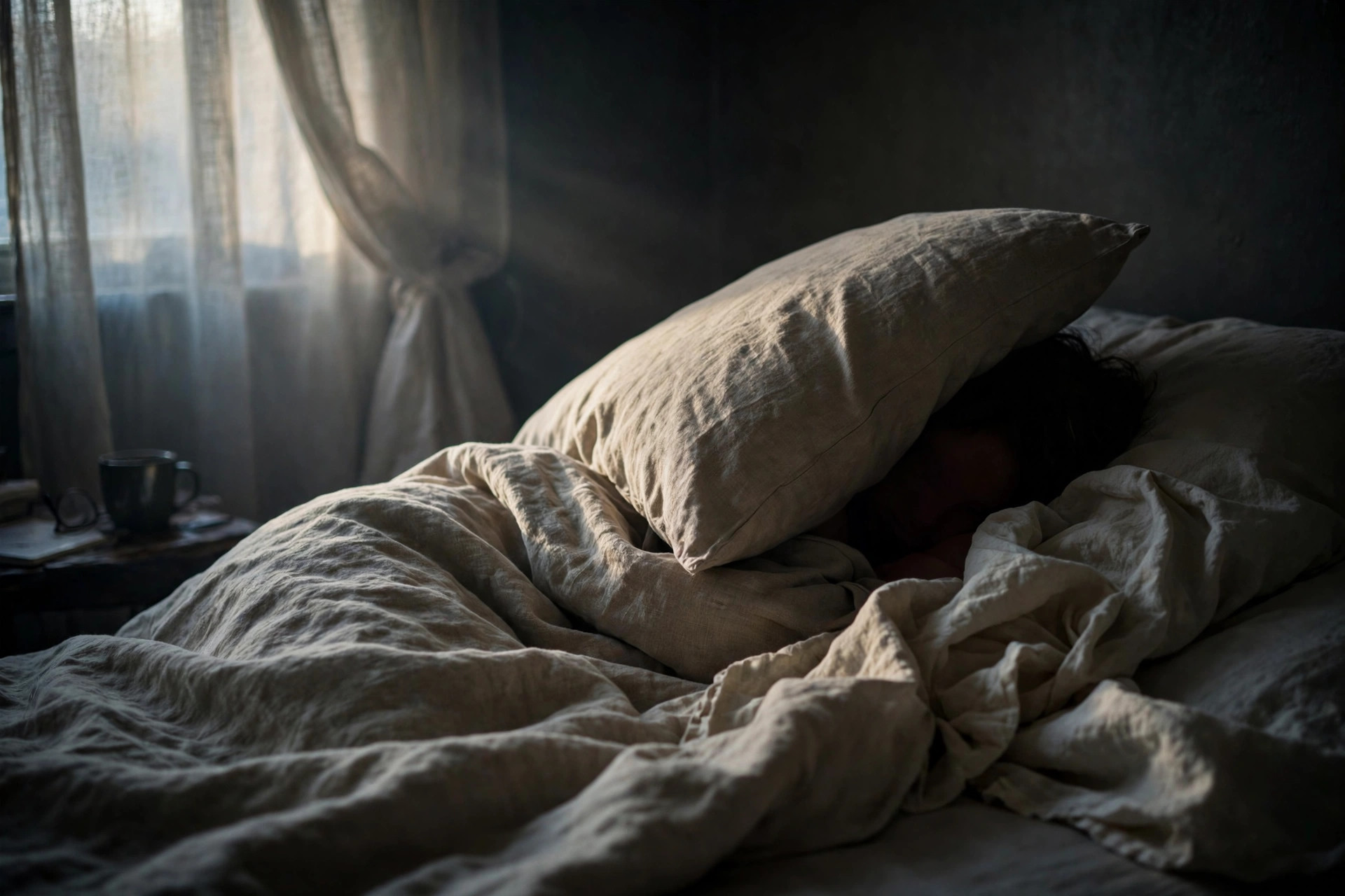 A person sleeping peacefully in a dark bedroom at dawn (illustrative image)