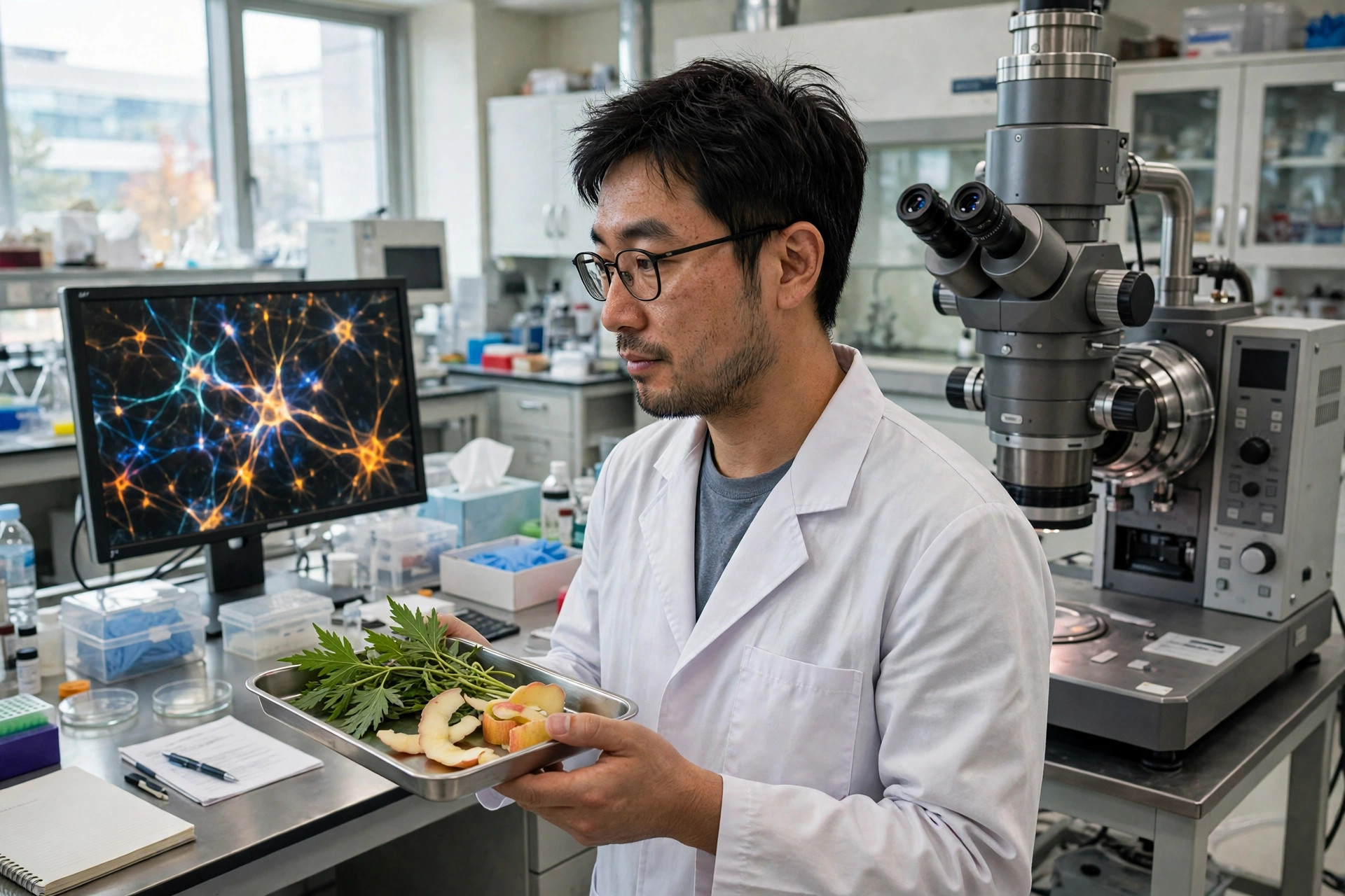 A researcher in a bright research institute laboratory holding a small tray of green herbal leaves and apple peels beside an electron microscope (illustrative image)
