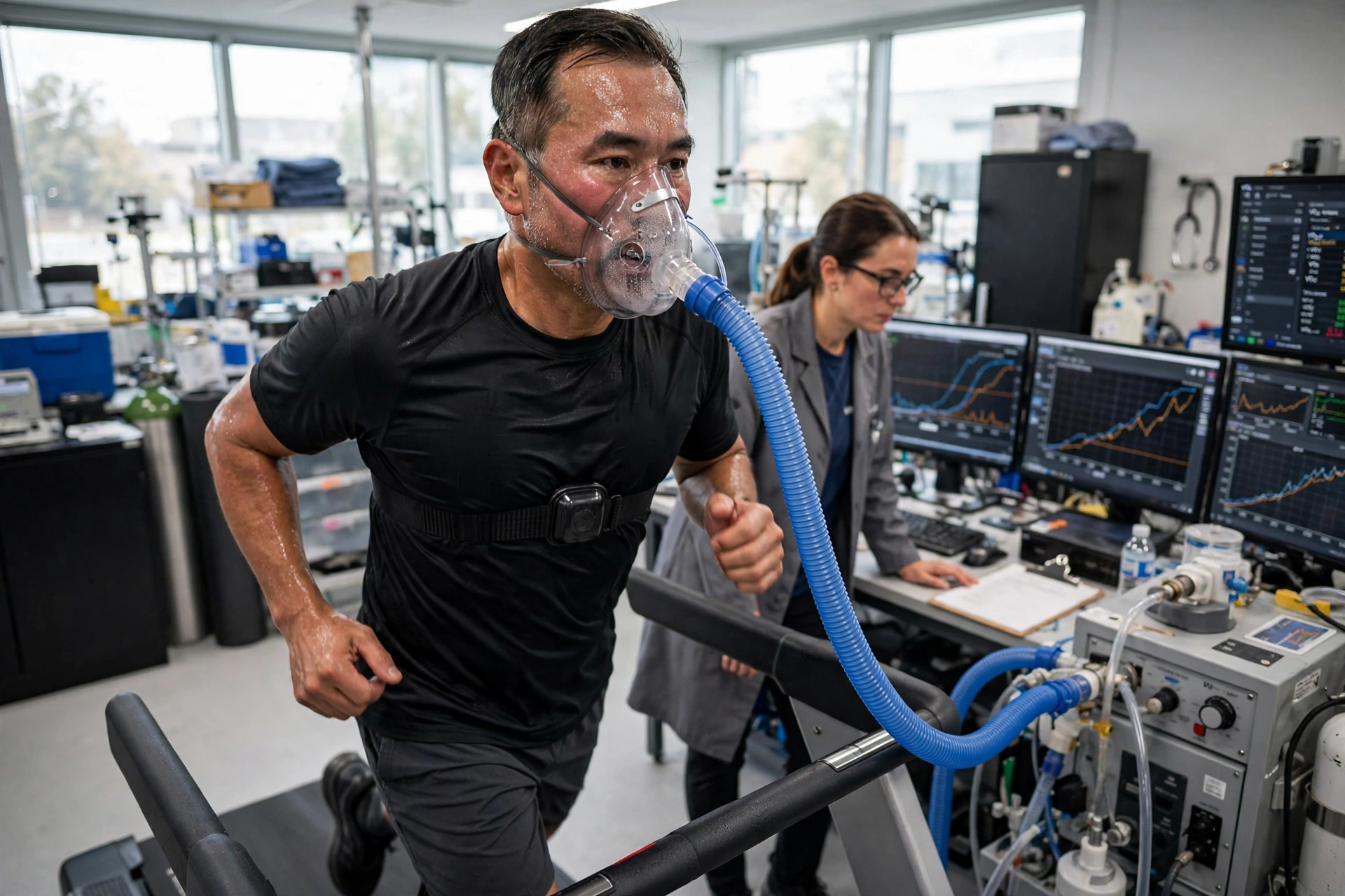 An athlete performs a maximal treadmill VO2 max test wearing a metabolic mask connected by blue tubing to a metabolic cart, supervised by a technician (illustrative photo)