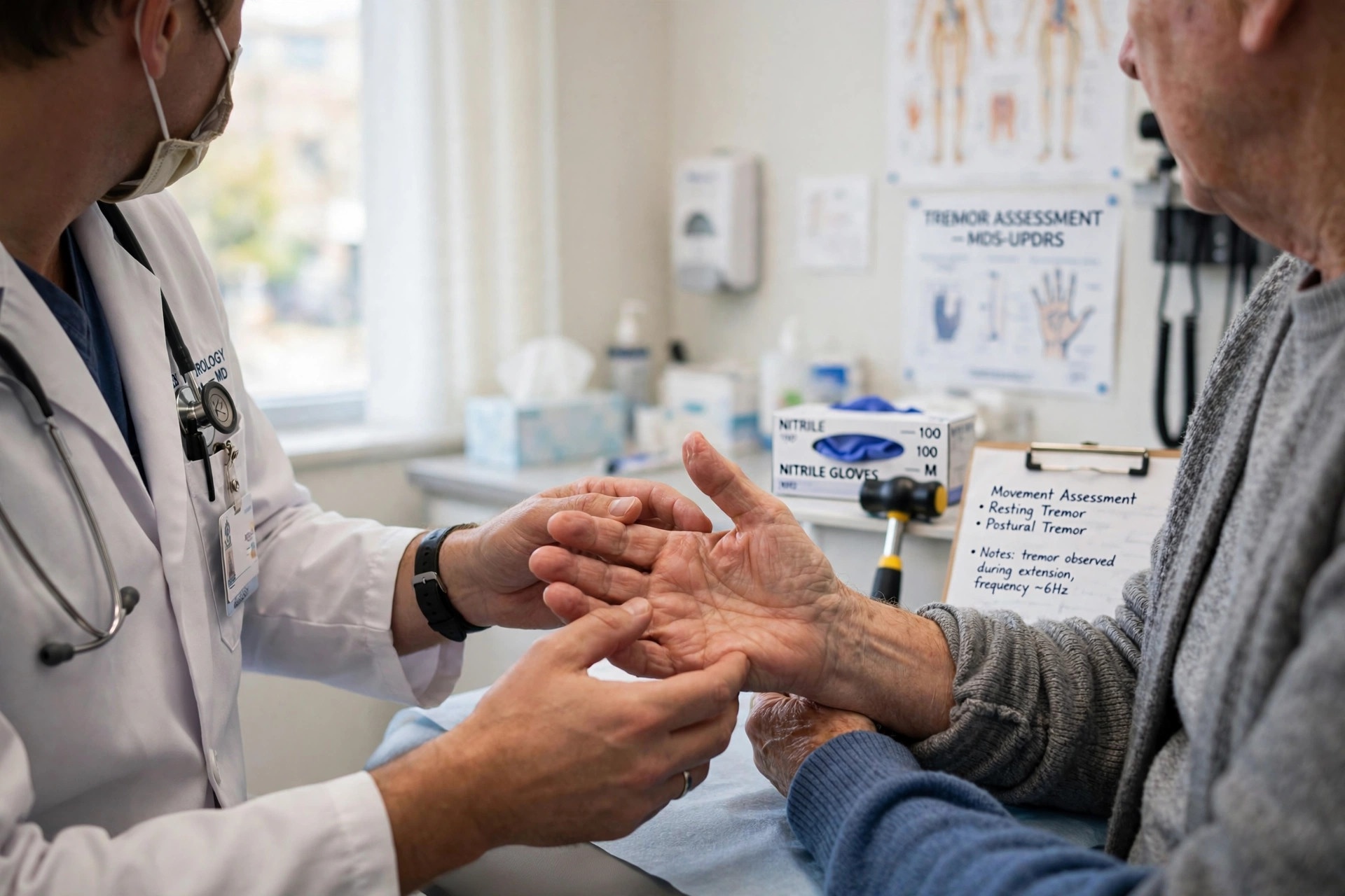 A neurologist examining an older patient's hand during a movement assessment in a bright clinic (illustrative image)