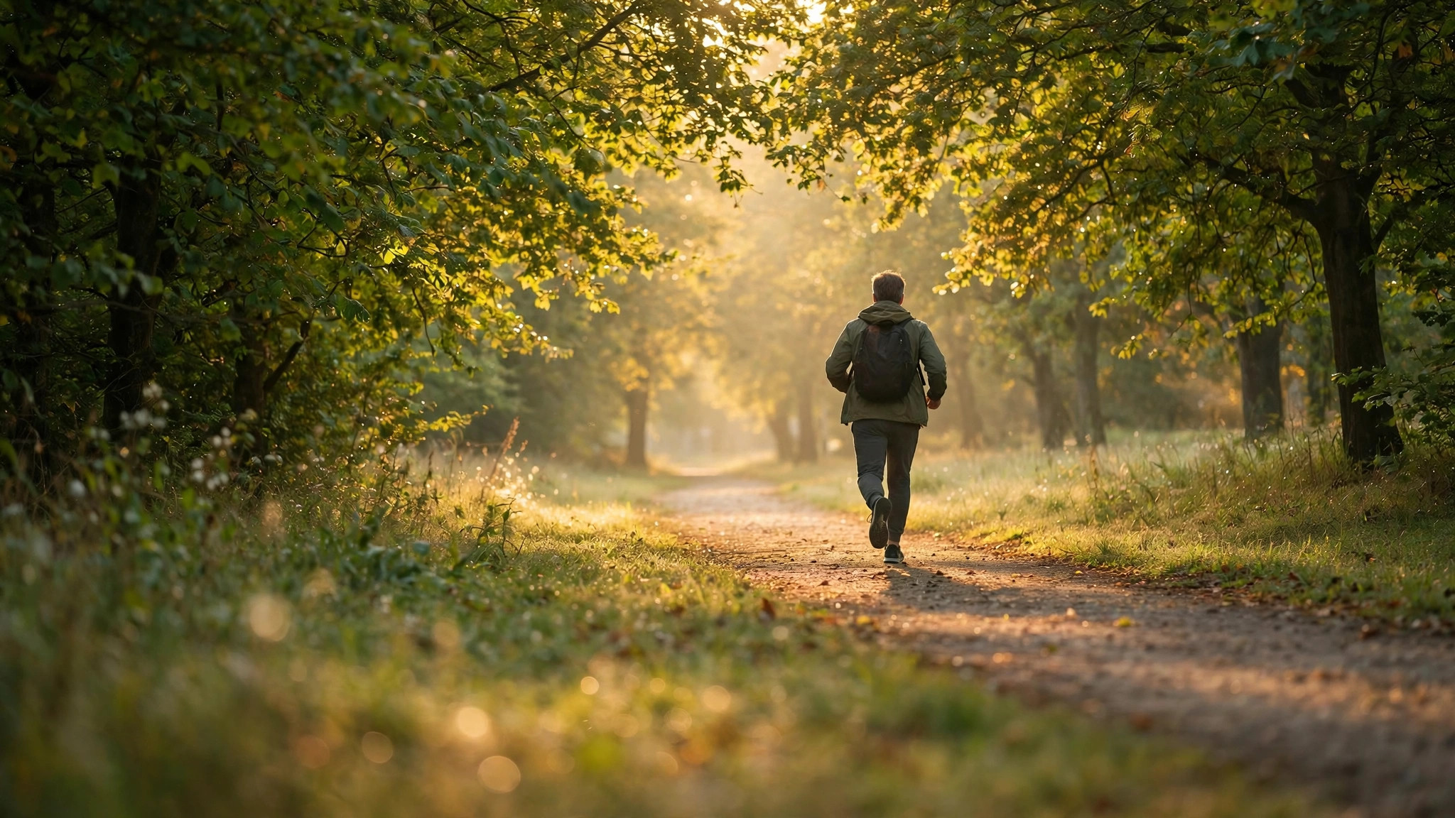 Illustrative lifestyle photo of a person walking on a sunlit path (not a patient or case)