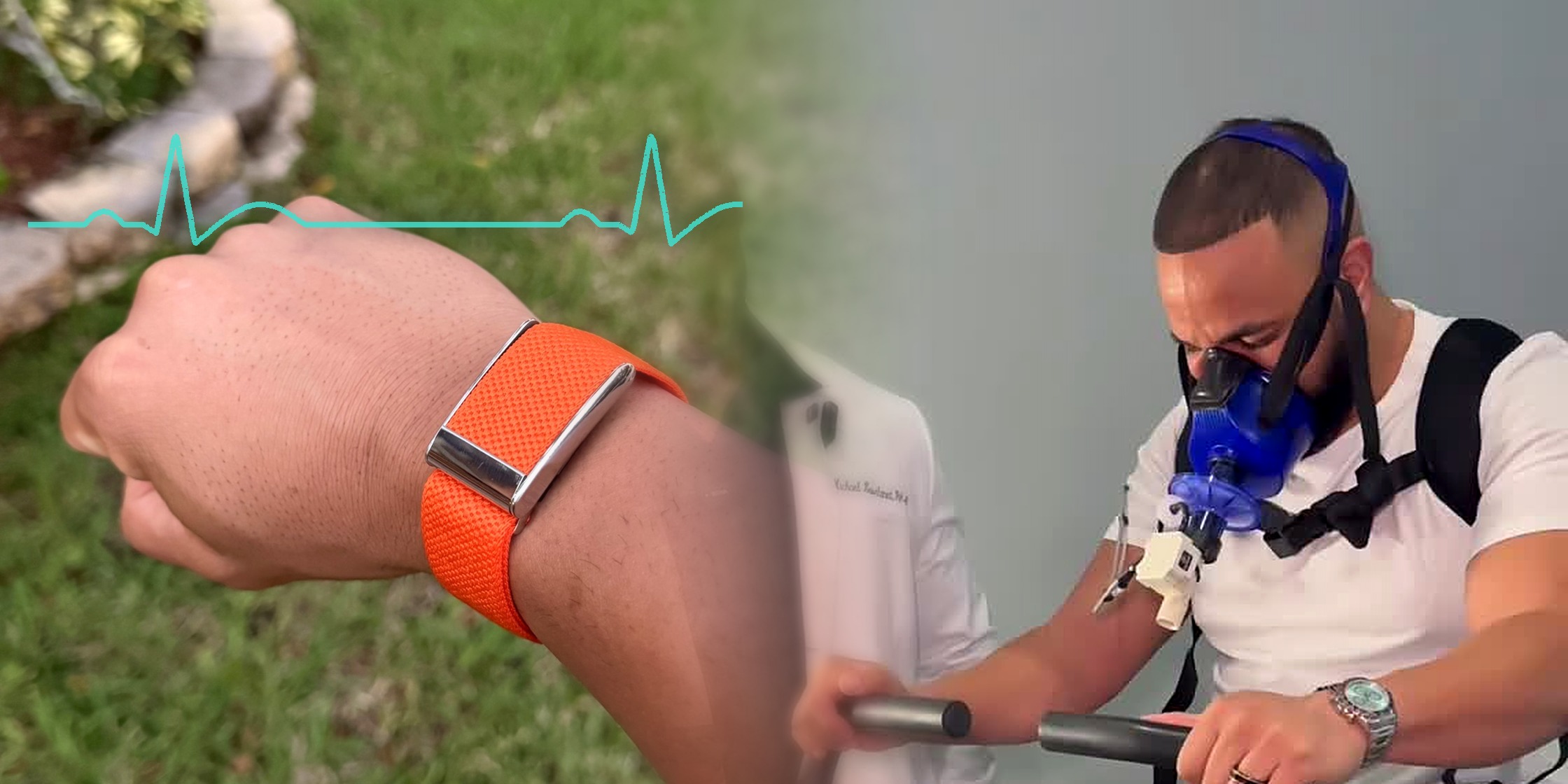 Sammy Tejada's orange WHOOP band on his wrist (left) melting into a still from his PNOE VO2 max test — blue metabolic mask, turbine flow sensor and chest strap on a bike ergometer (right), with a teal EKG trace graphic across the wrist side