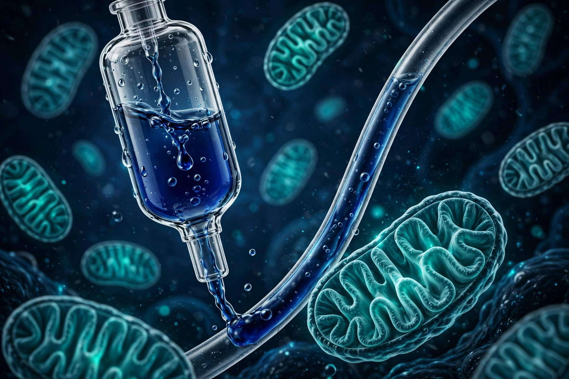 Custom illustration of an IV drip chamber with deep blue liquid alongside glowing mitochondria