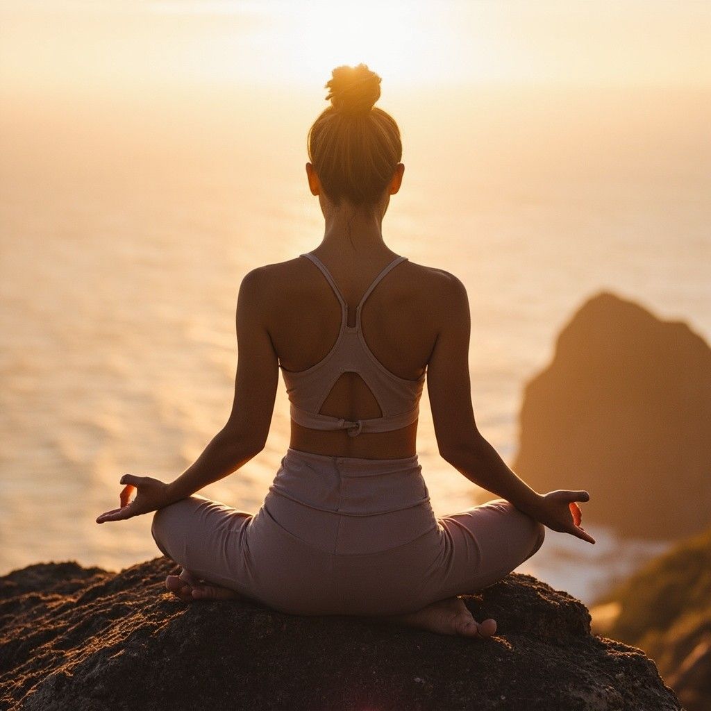 Woman meditating at sunrise above the ocean (illustrative lifestyle photo).