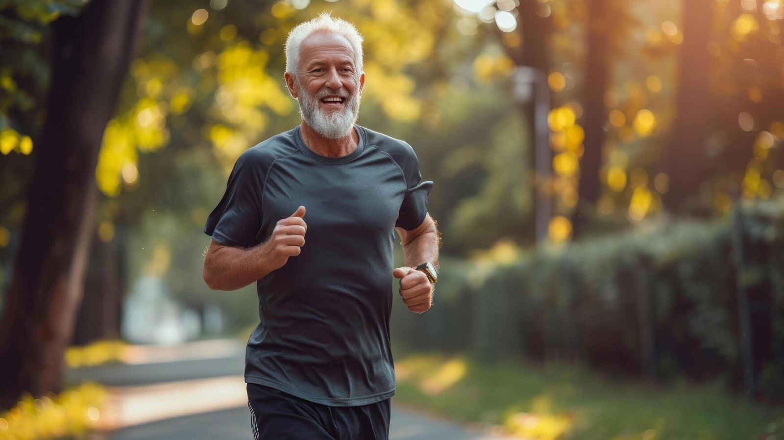 Smiling older man running outdoors (illustrative lifestyle photo — not a patient or case).